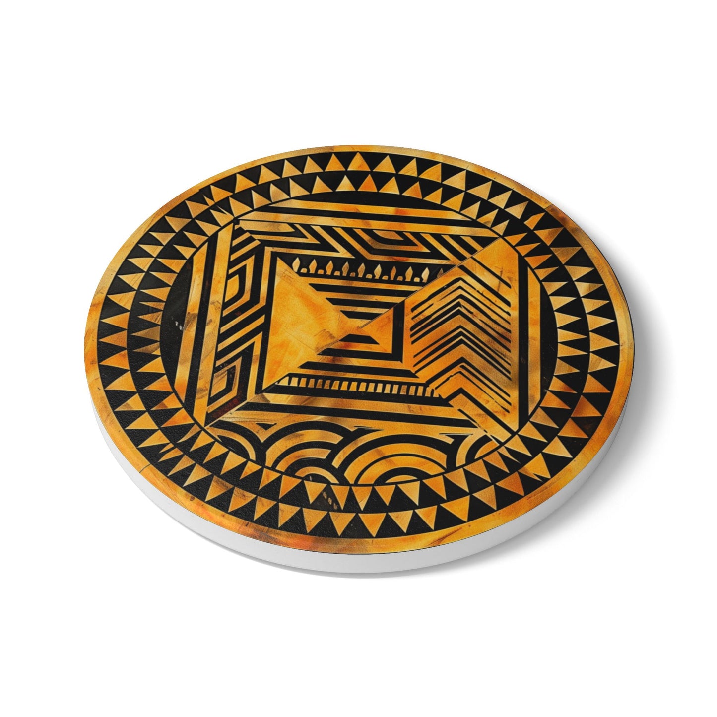 Polynesian-Inspired Ceramic Coaster Set top side angle view