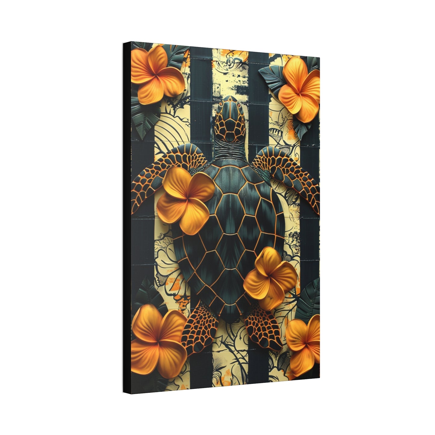Polynesian-Inspired Turtle with Floral Designs β 24" x 36" Stretched Canvas side view
