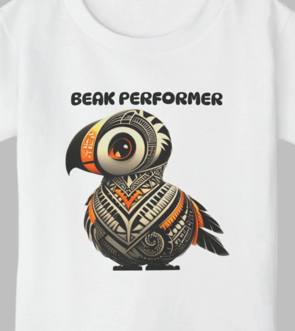 "Beak Performer" Toddler T-Shirt – Cute Polynesian Cartoon Bird Tee for Kids front close up view