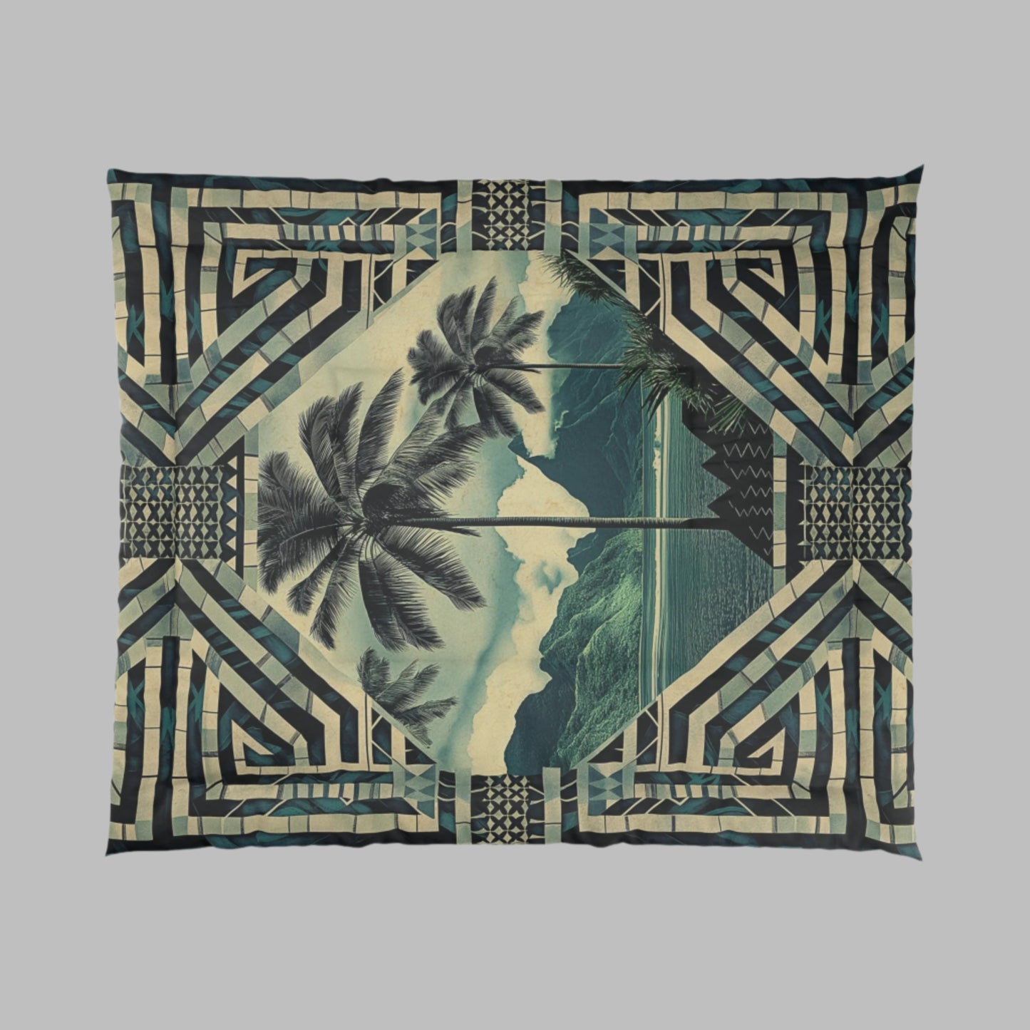Polynesian-Inspired Comforter Blanket with Palm Tree Design top view