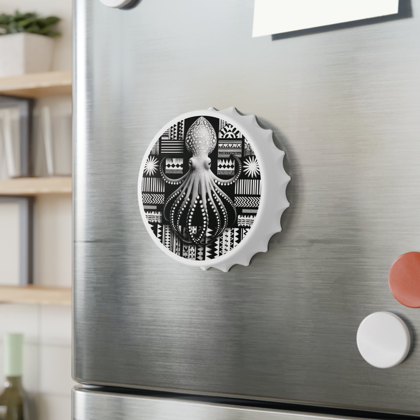 Polynesian-Inspired Octopus Bottle Opener attached to refrigerator side view