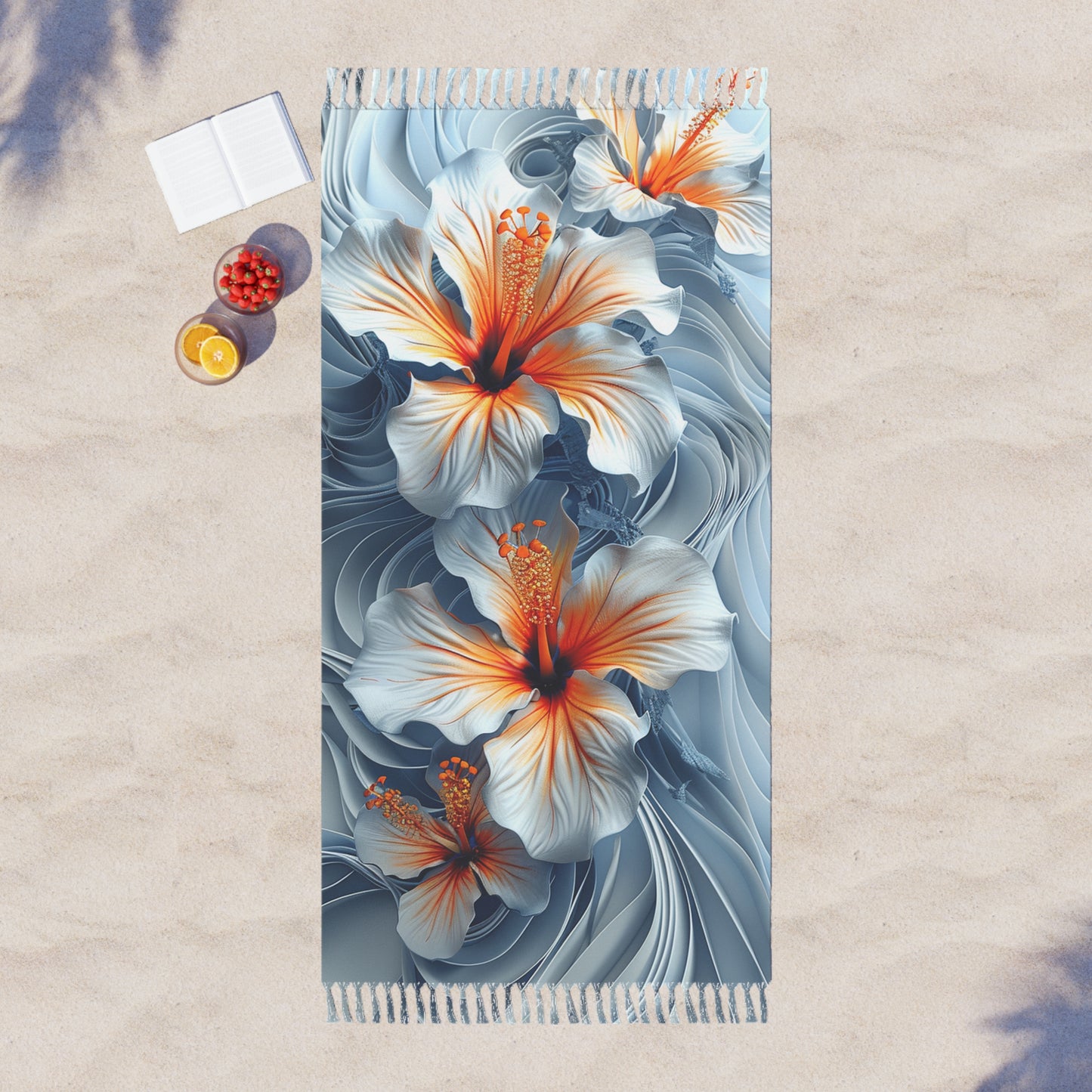 Boho Beach Towel – Frangipani Floral Design top view