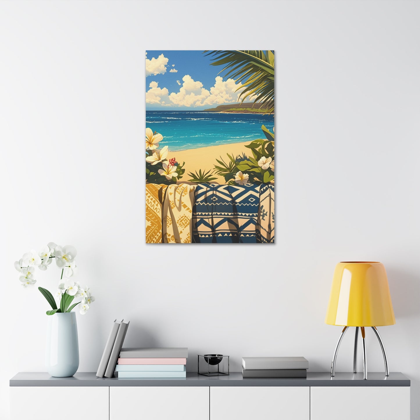 Serene Beach View Art Piece – 24" x 36" Stretched Canvas hanging on a wall front view