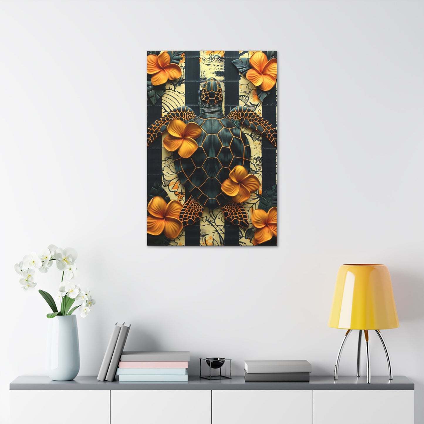 Polynesian-Inspired Turtle with Floral Designs β 24" x 36" Stretched Canvas hanging on a wall front view