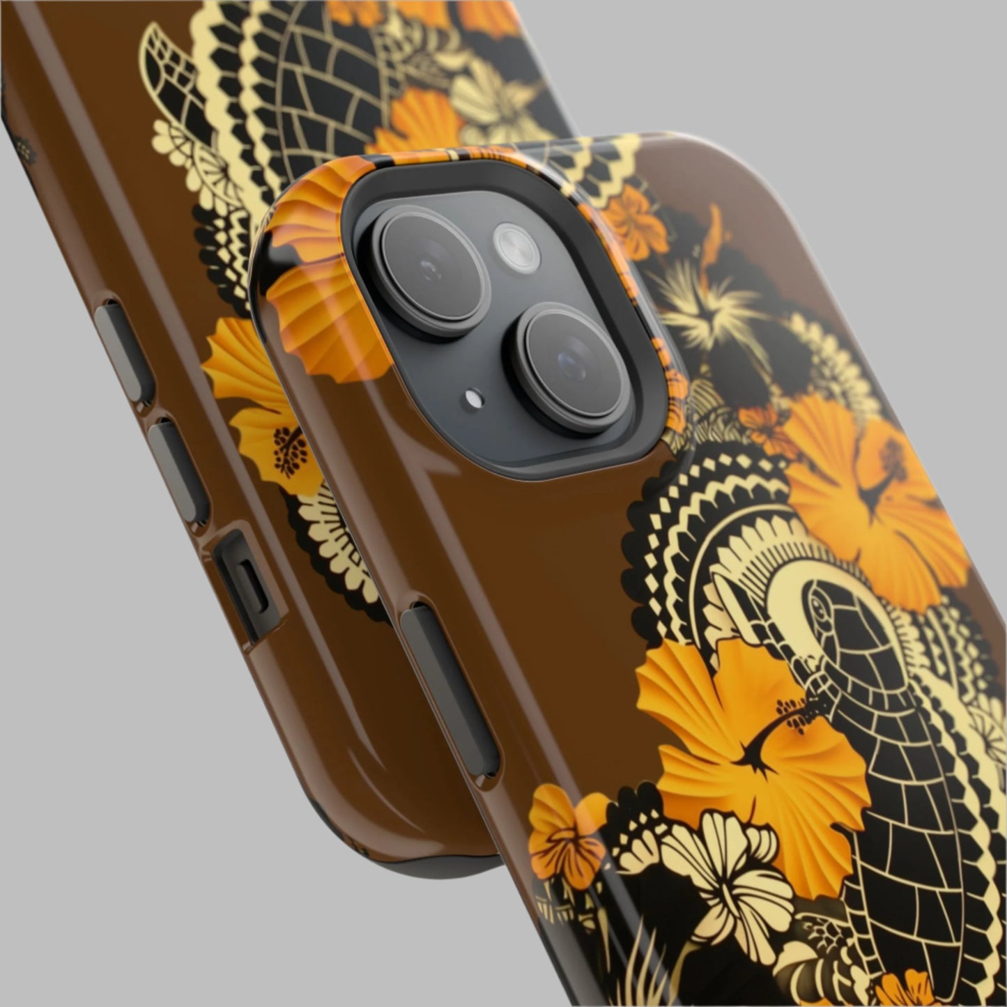 Polynesian-Inspired Stylish Tough Magnetic Tropical Turtle Phone Case close up side angle view