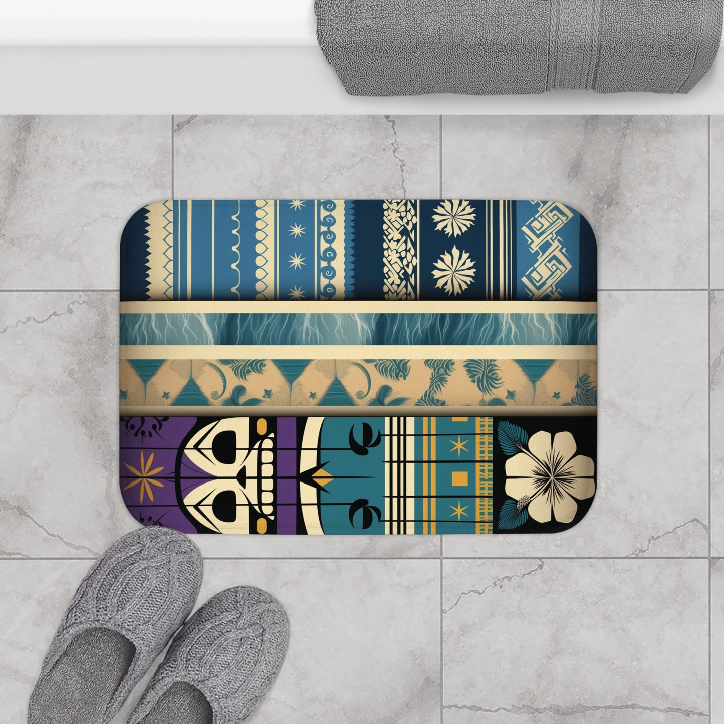 Vibrant Polynesian Tattoo-Inspired Bath Mat top view