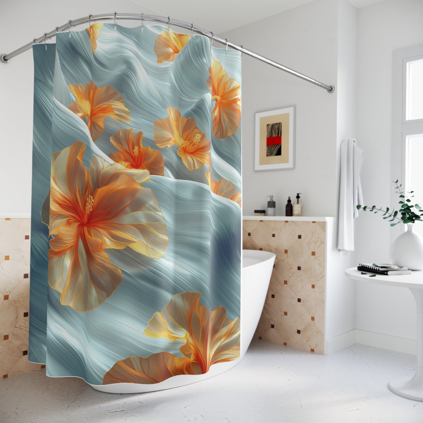 Hibiscus Floral Shower Curtain – Tropical Elegance for Your Bathroom low angle side view