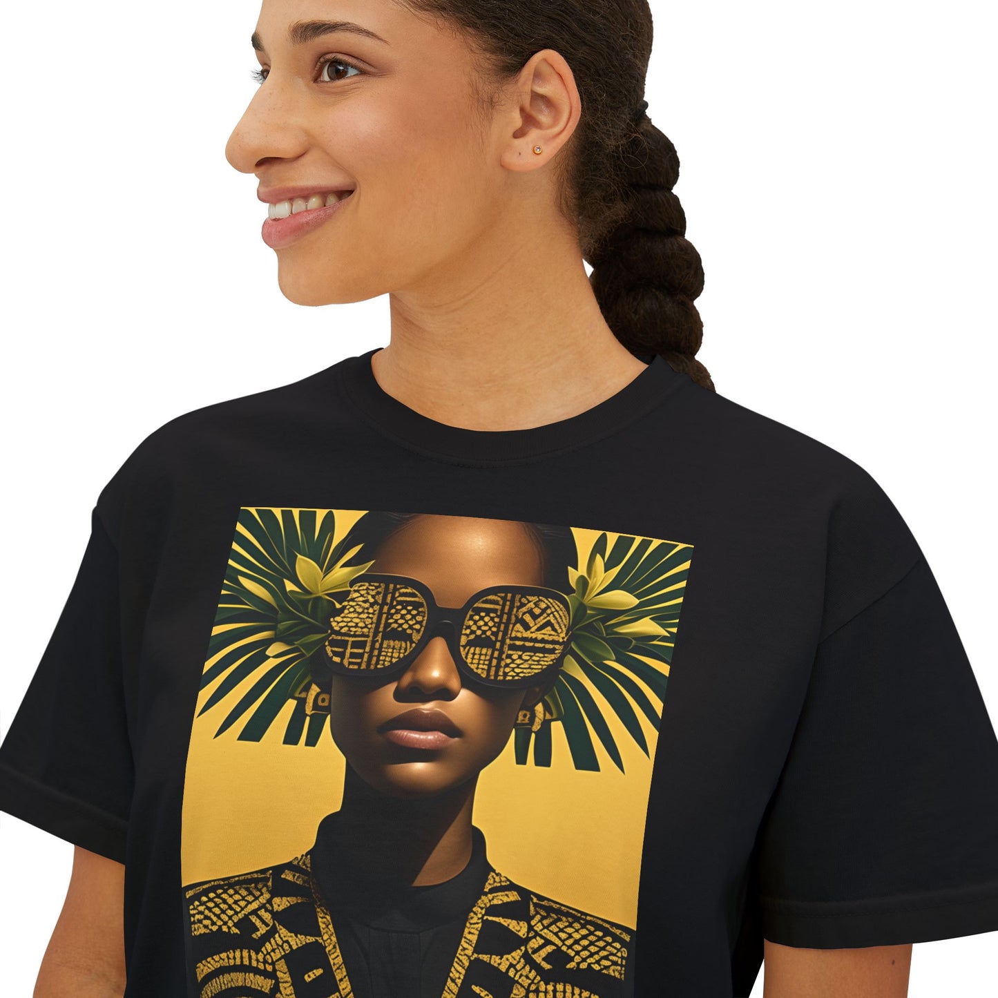 Polynesian-Inspired Women’s Boxy T-Shirt – Featuring Polynesian Girl Graphic Design close up front view