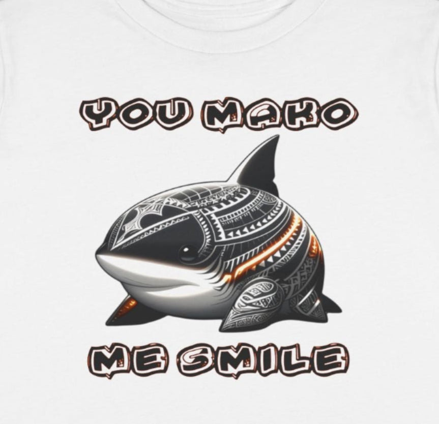 "You Mako Me Smile" Toddler T-Shirt – Cute Polynesian Shark Cartoon Tee front close up view
