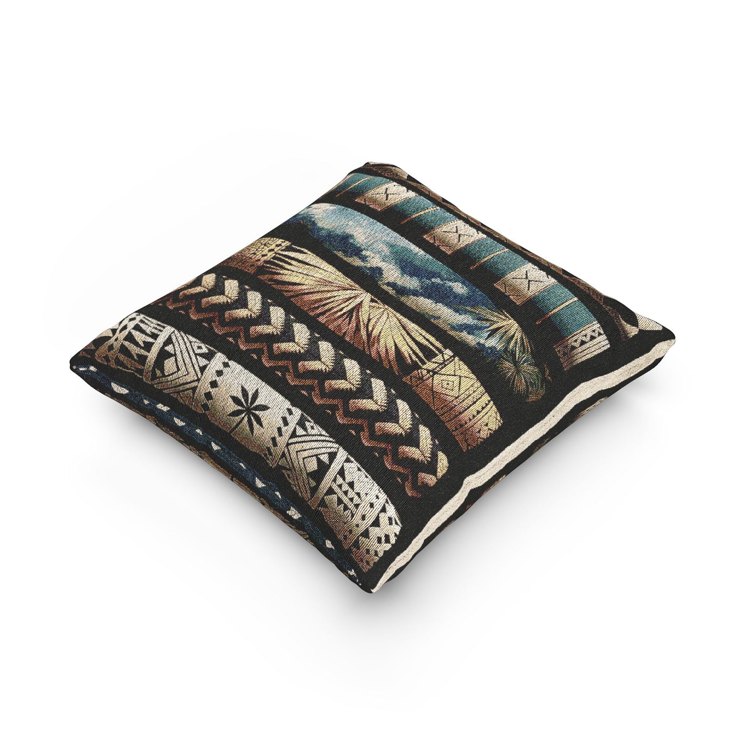 Polynesian-Inspired Tattoo Graphic – Rustic Woven Pillow top angle view