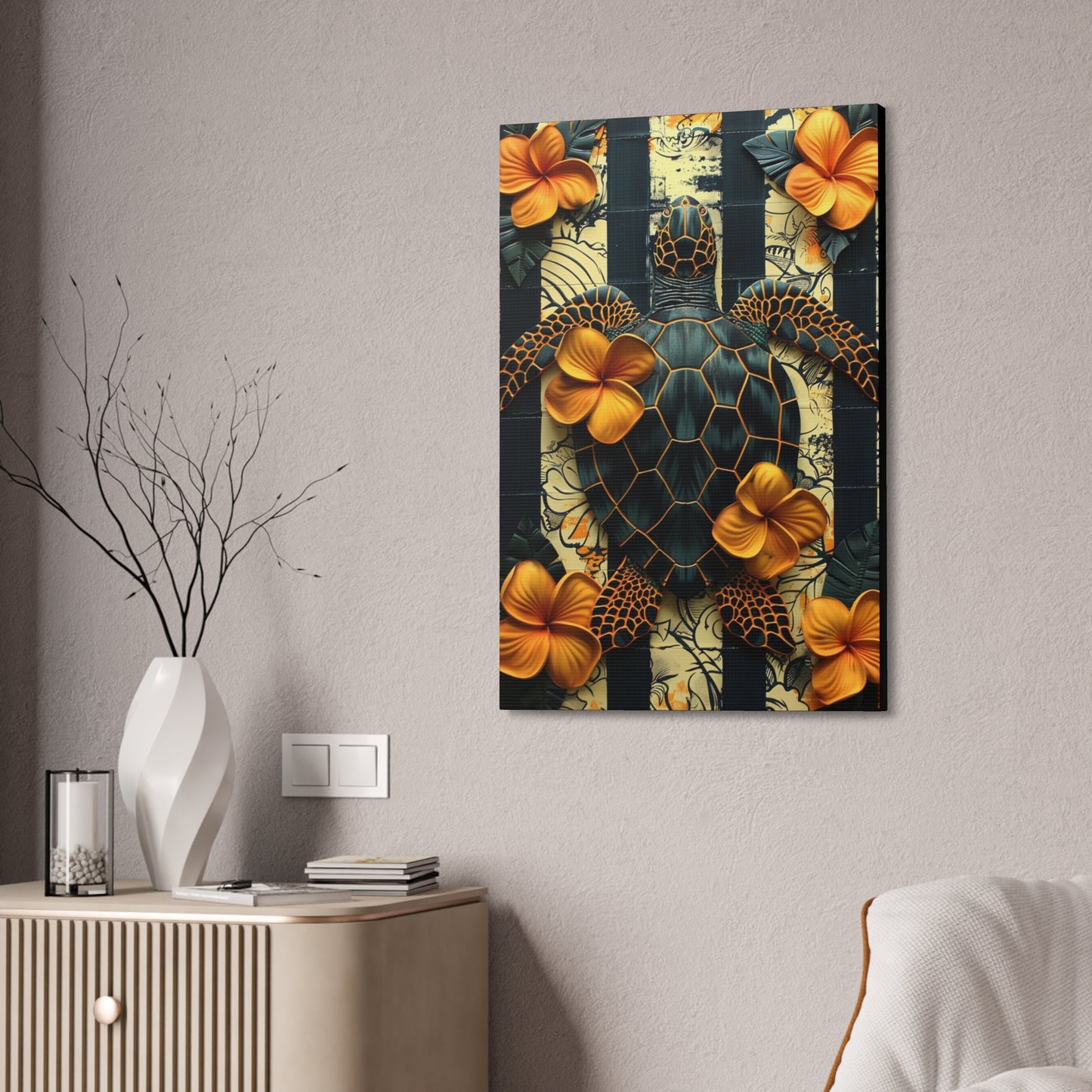 Polynesian-Inspired Turtle with Floral Designs β 24" x 36" Stretched Canvas hanging on a wall side angle view