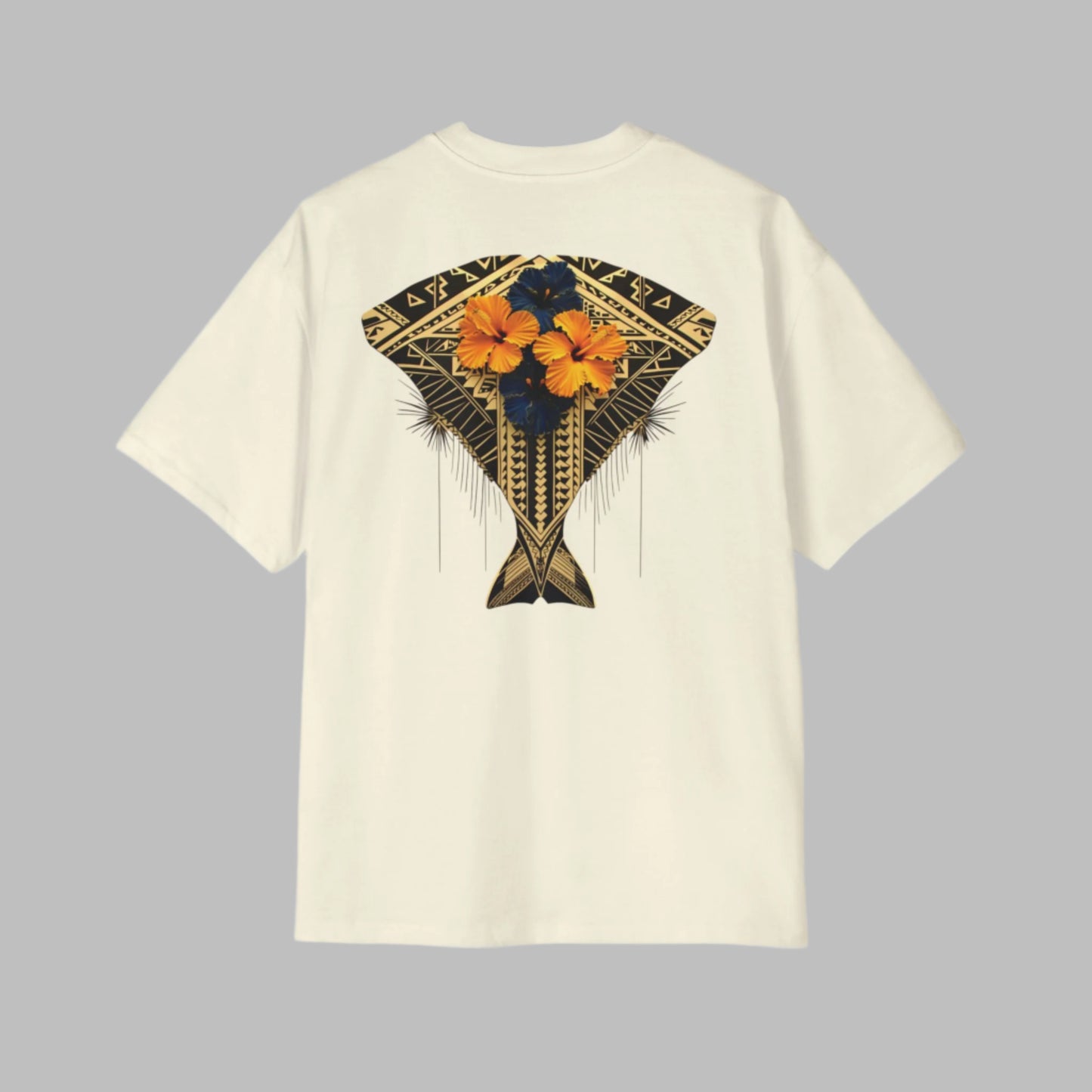 Polynesian-Inspired Men’s Oversized T-Shirt – Butter Color with Stingray Tattoo Graphic back view