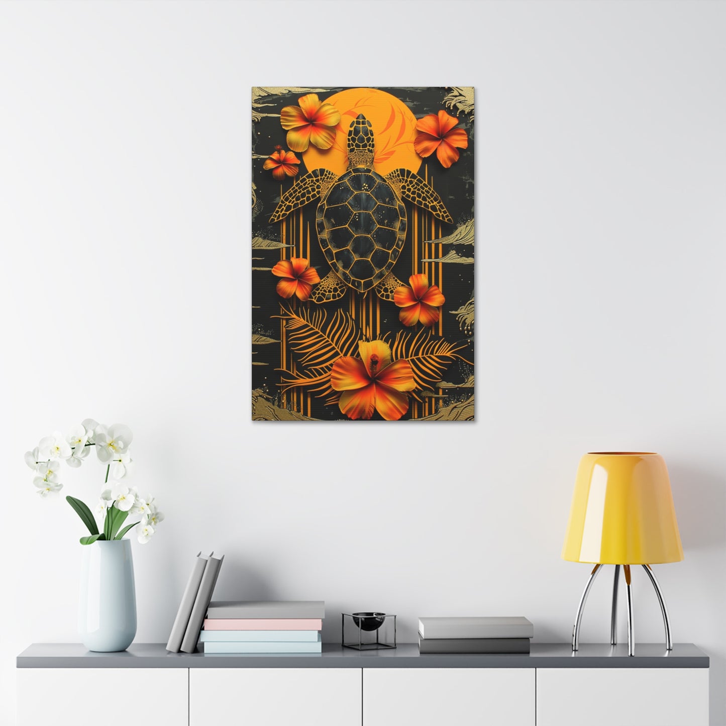 Polynesian-Inspired Turtle with Floral Designs β 24" x 36" Stretched Canvas hanging on a wall front view
