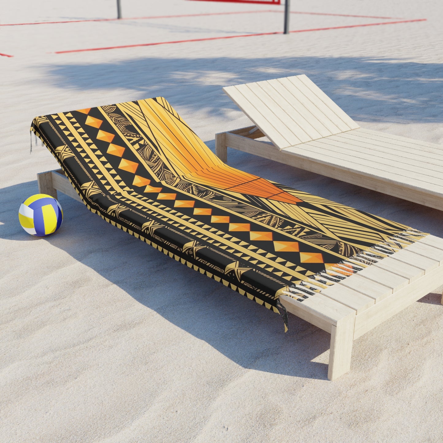 Polynesian-Inspired Boho Beach Towel resting on beach lounge chair side angle top view