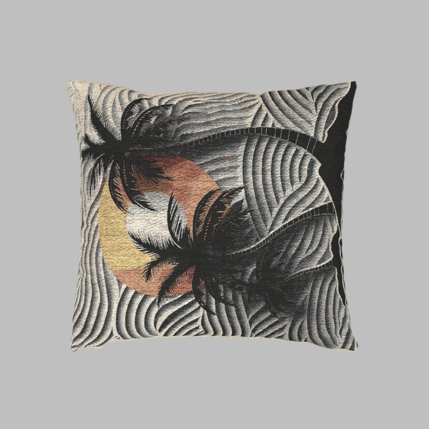 Polynesian-Inspired Woven Pillow – Beach & Palm Tree Vector Graphic top view