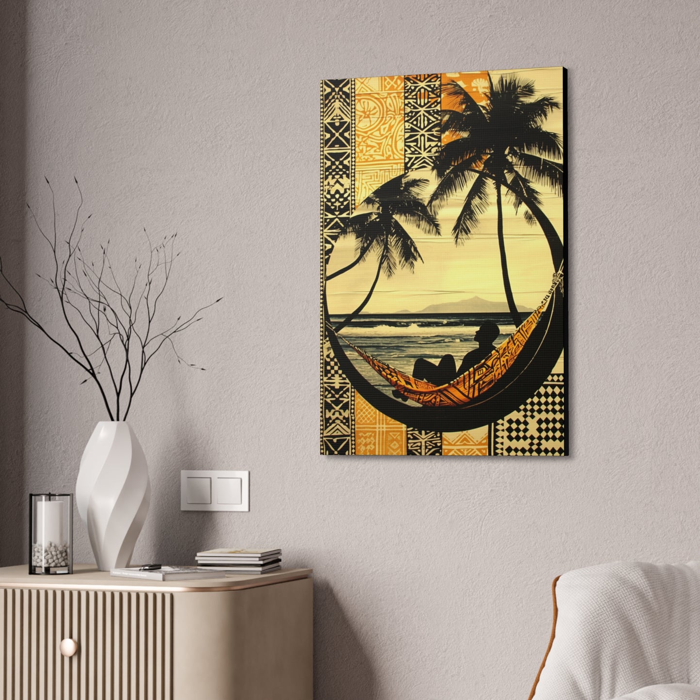 Polynesian Paradise Beach View Art Piece β Hammock Silhouette on 24" x 36" Stretched Canvas hanging on a wall side angle view