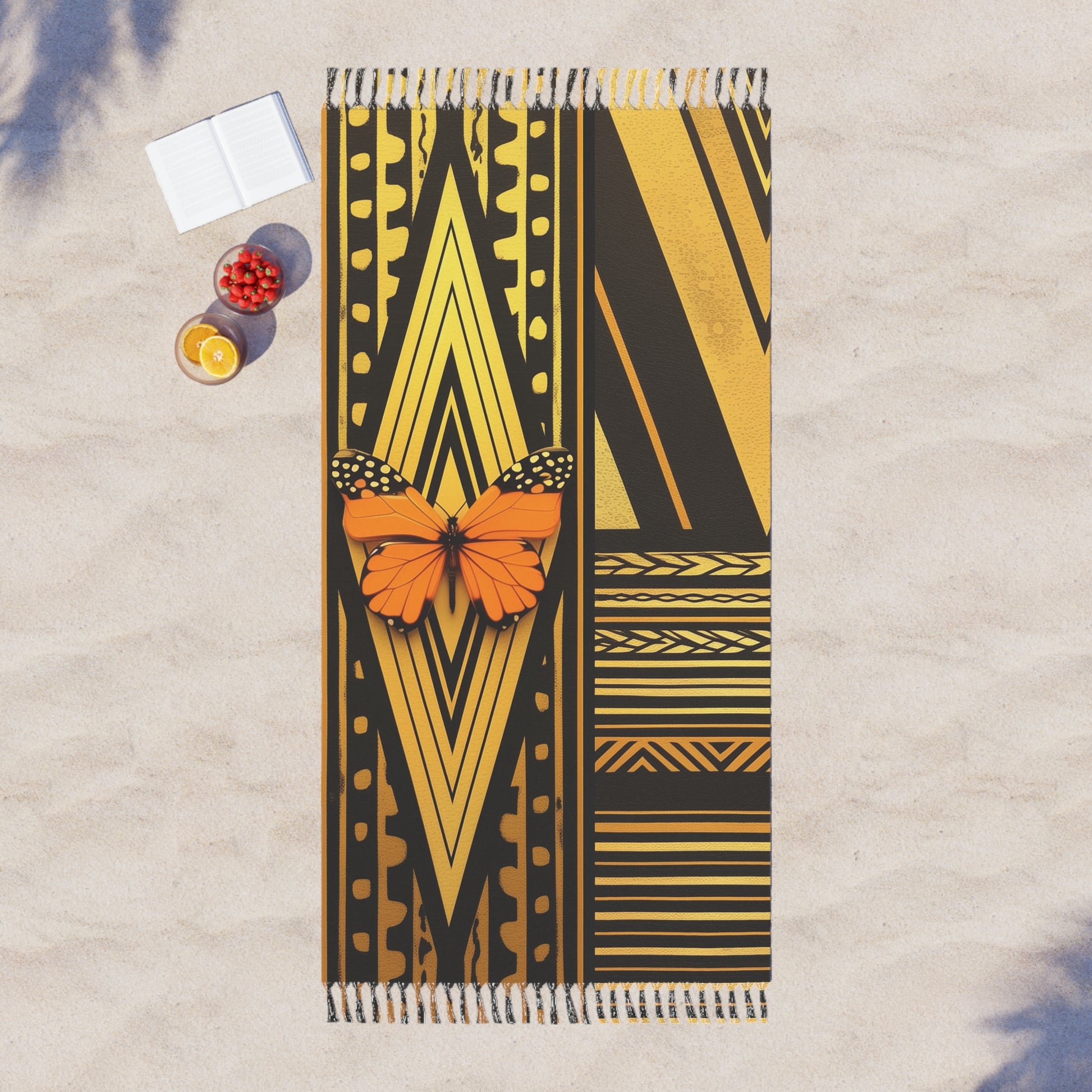 Polynesian-Inspired design Boho Beach Towel with butterfly illustration graphic top view 