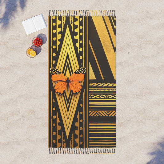 Polynesian-Inspired design Boho Beach Towel with butterfly illustration graphic top view 