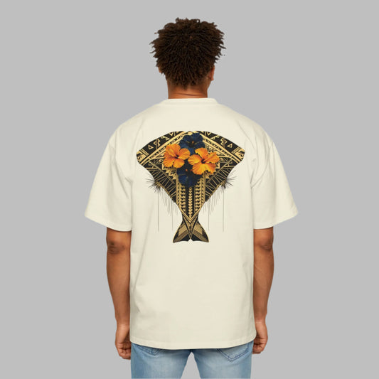 Polynesian-Inspired Men’s Oversized T-Shirt – Butter Color with Stingray Tattoo Graphic back view