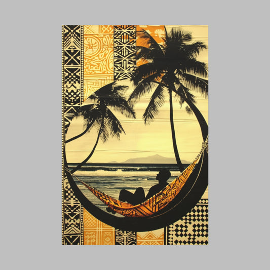Polynesian Paradise Beach View Art Piece – Hammock Silhouette on 24" x 36" Stretched Canvas front view