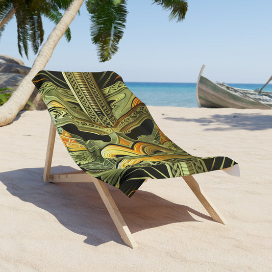 Polynesian-Inspired Bohemian Style Detailed Tiki Design Beach Towel resting on a beach chair side angle top view