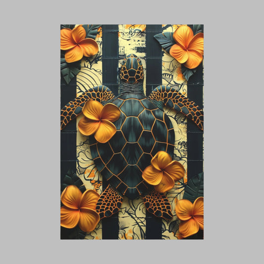 Polynesian-Inspired Turtle with Floral Designs – 24" x 36" Stretched Canvas front view 
