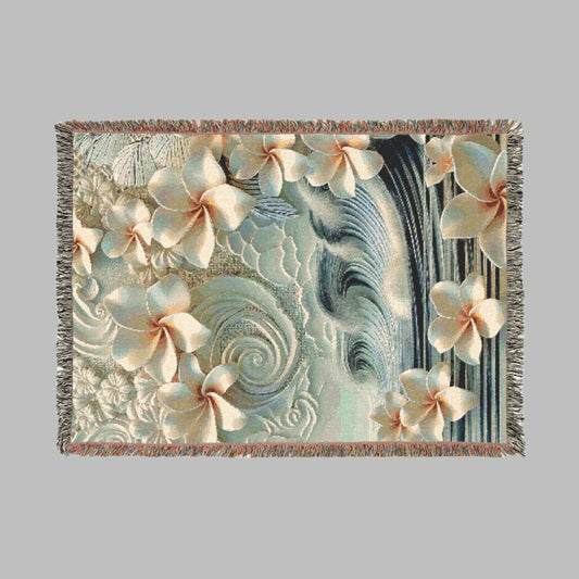 Polynesian-Inspired Woven Blanket with Beach and Palm Tree Design top view
