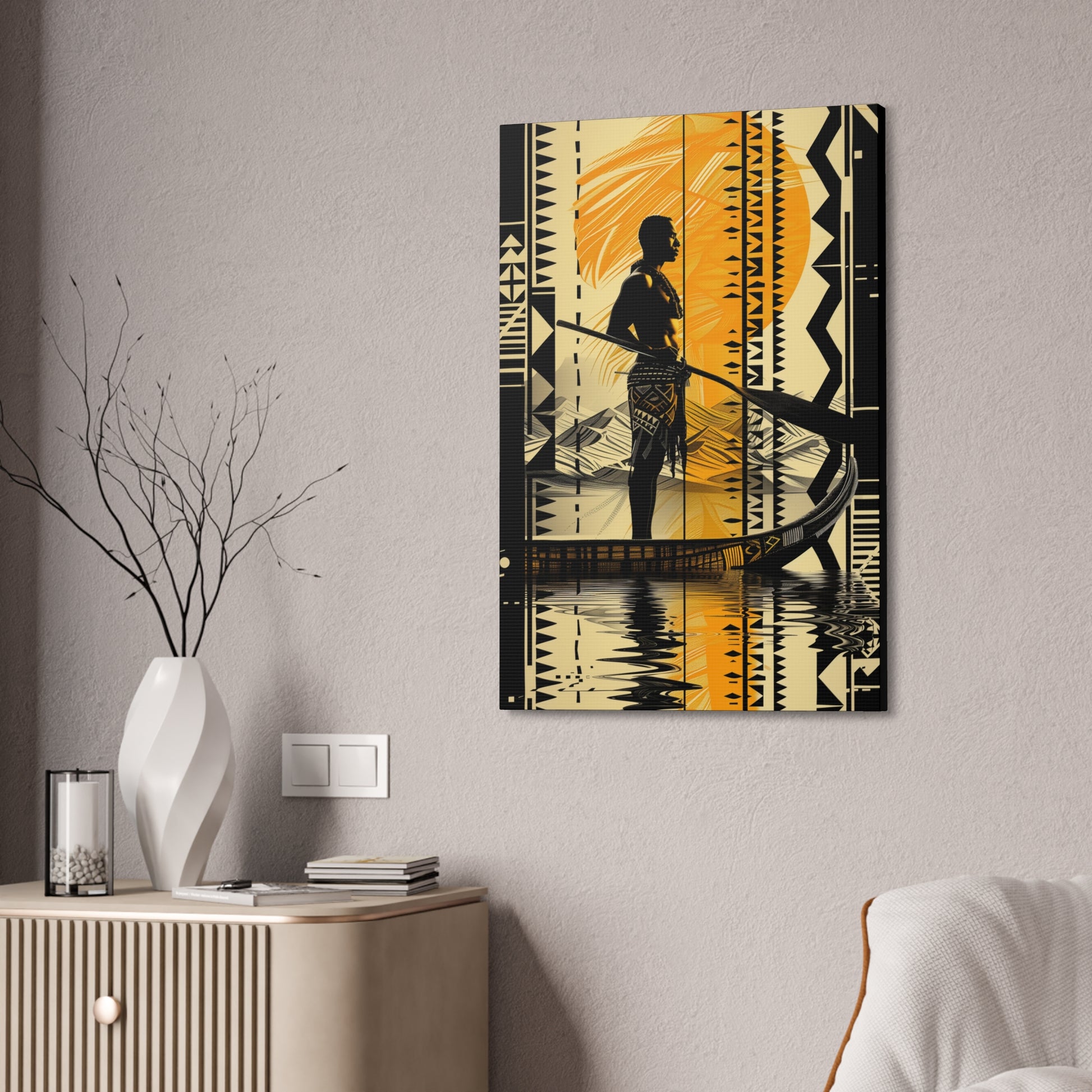 Polynesian Voyager Art Piece – 24" x 36" Stretched Canvas hanging on wall side angle view
