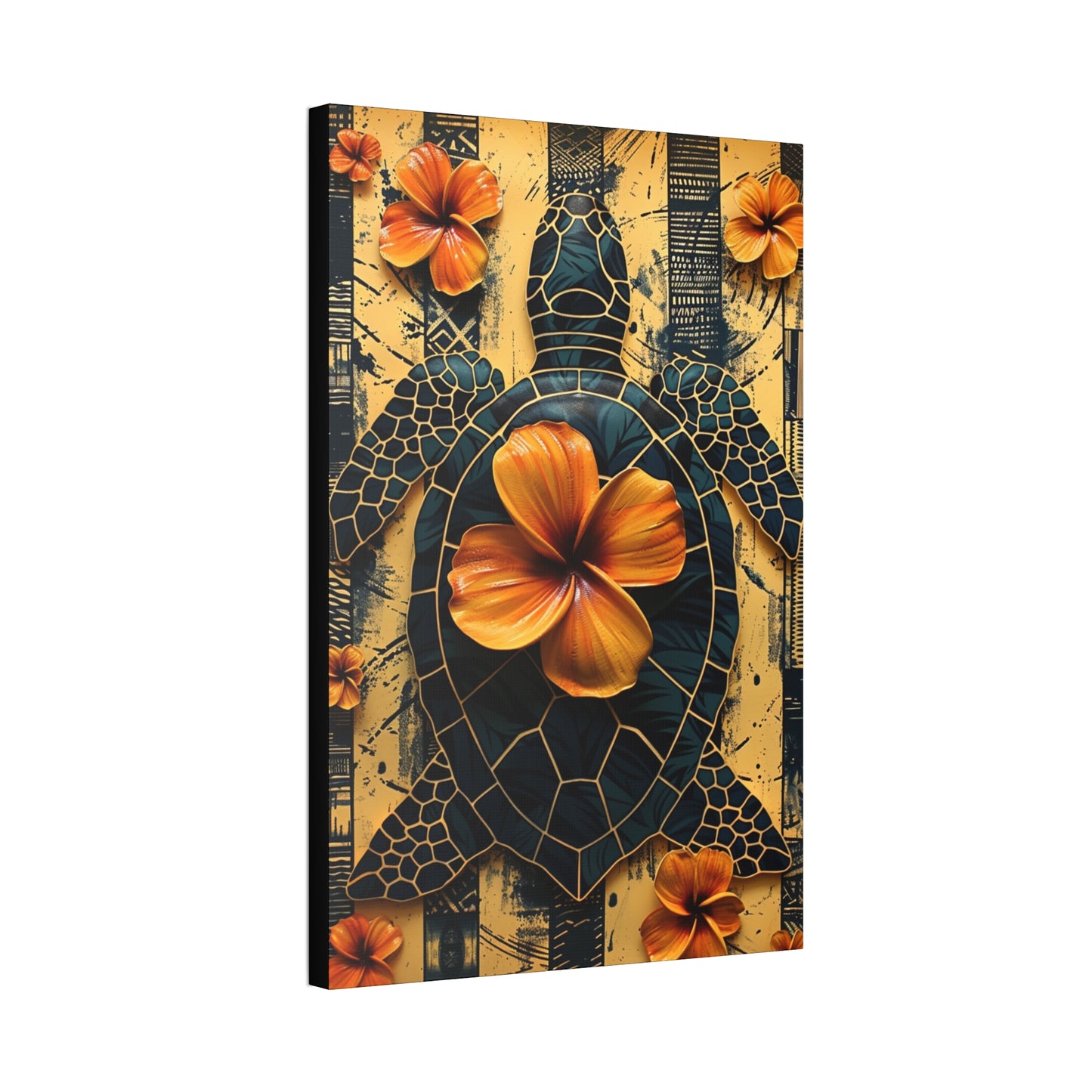 Polynesian-Inspired Turtle with Floral Designs – 24" x 36" Stretched Canvas side view