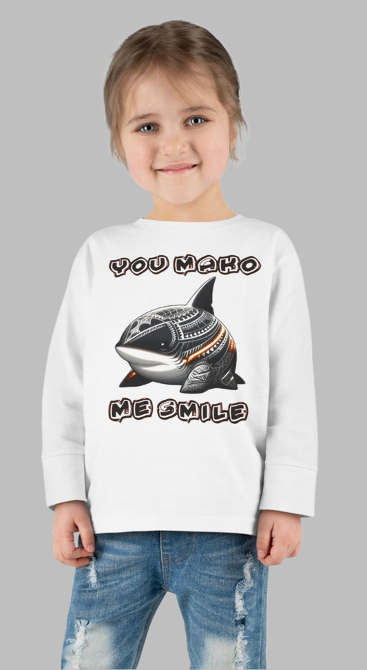 "You Mako Me Smile" Toddler T-Shirt – Cute Polynesian Shark Cartoon Tee front view