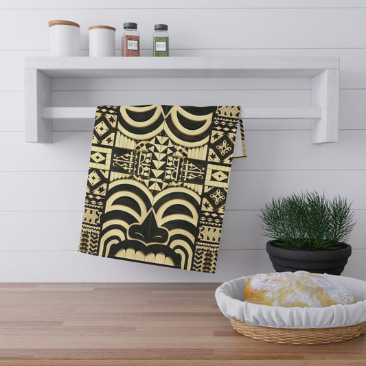 Polynesian-Inspired Kitchen Tea Towel Set front view hanging over towel rack