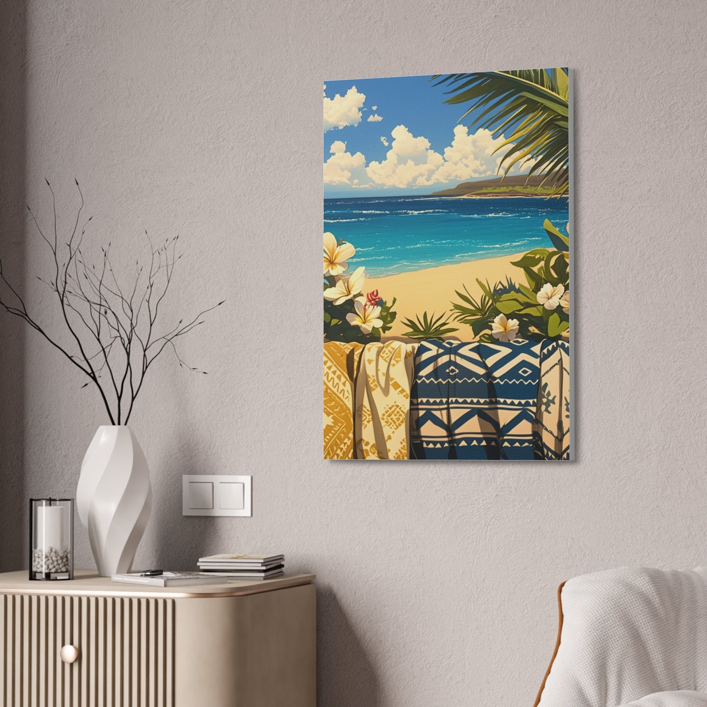 Serene Beach View Art Piece – 24" x 36" Stretched Canvas hanging on a wall side angle view