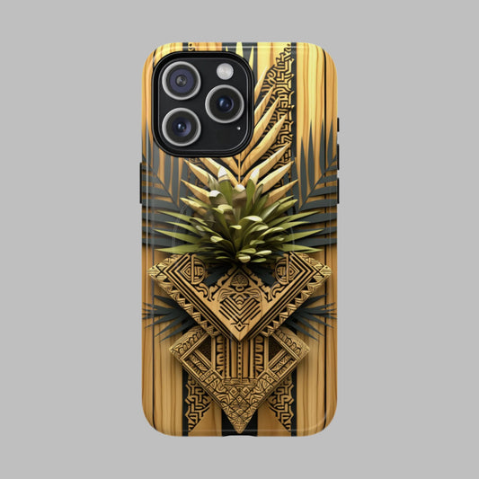 Polynesian-Inspired Phone Tough Magnetic Case – Wood-Textured Tribal Design front view