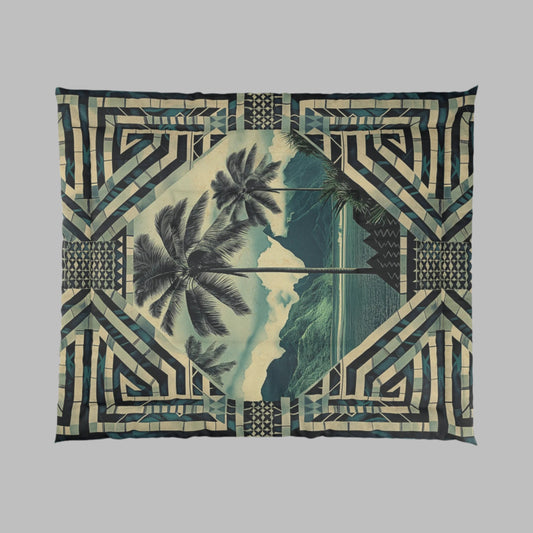 Polynesian-Inspired Comforter Blanket with Palm Tree Design top view