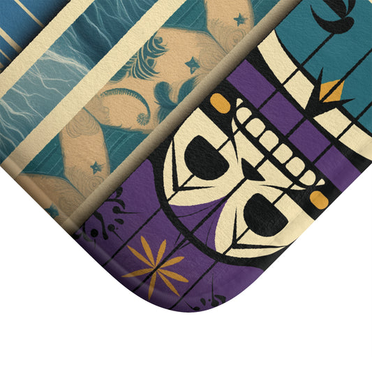 Vibrant Polynesian Tattoo-Inspired Bath Mat close up view
