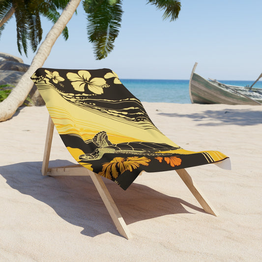 Tropical Sea Turtle Beach Towel resting on a beach chait low angle side view