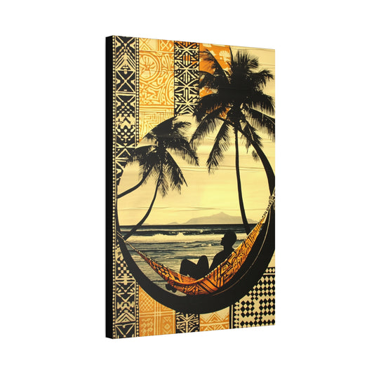 Polynesian Paradise Beach View Art Piece – Hammock Silhouette on 24" x 36" Stretched Canvas side view