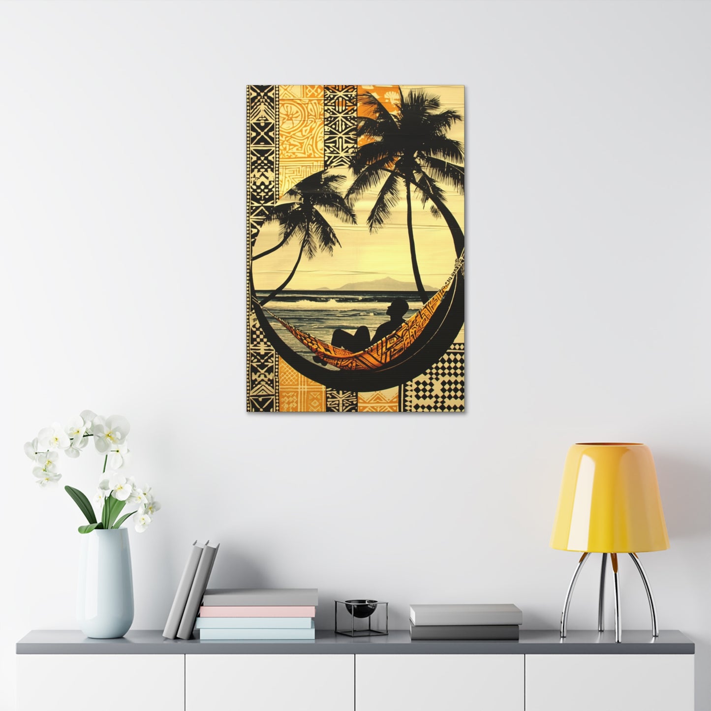 Polynesian Paradise Beach View Art Piece – Hammock Silhouette on 24" x 36" Stretched Canvas hanging on a wall front view