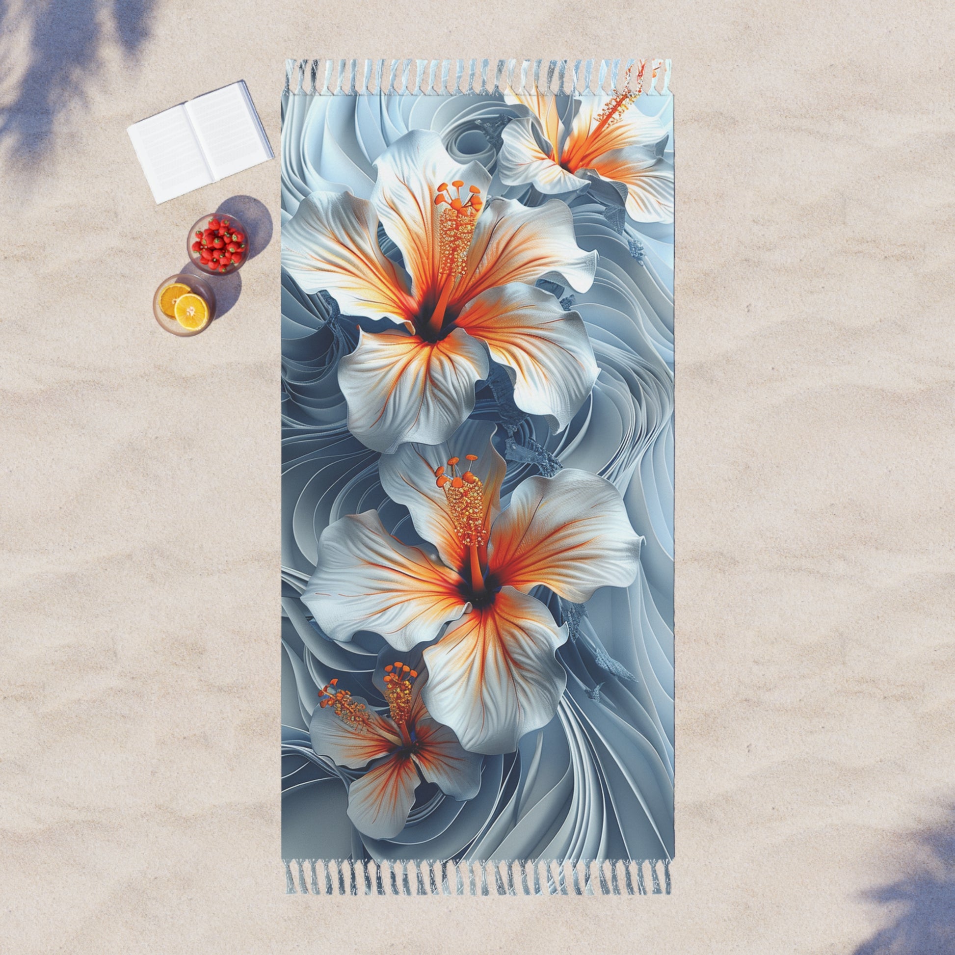 Boho Beach Towel – Frangipani Floral Design top view