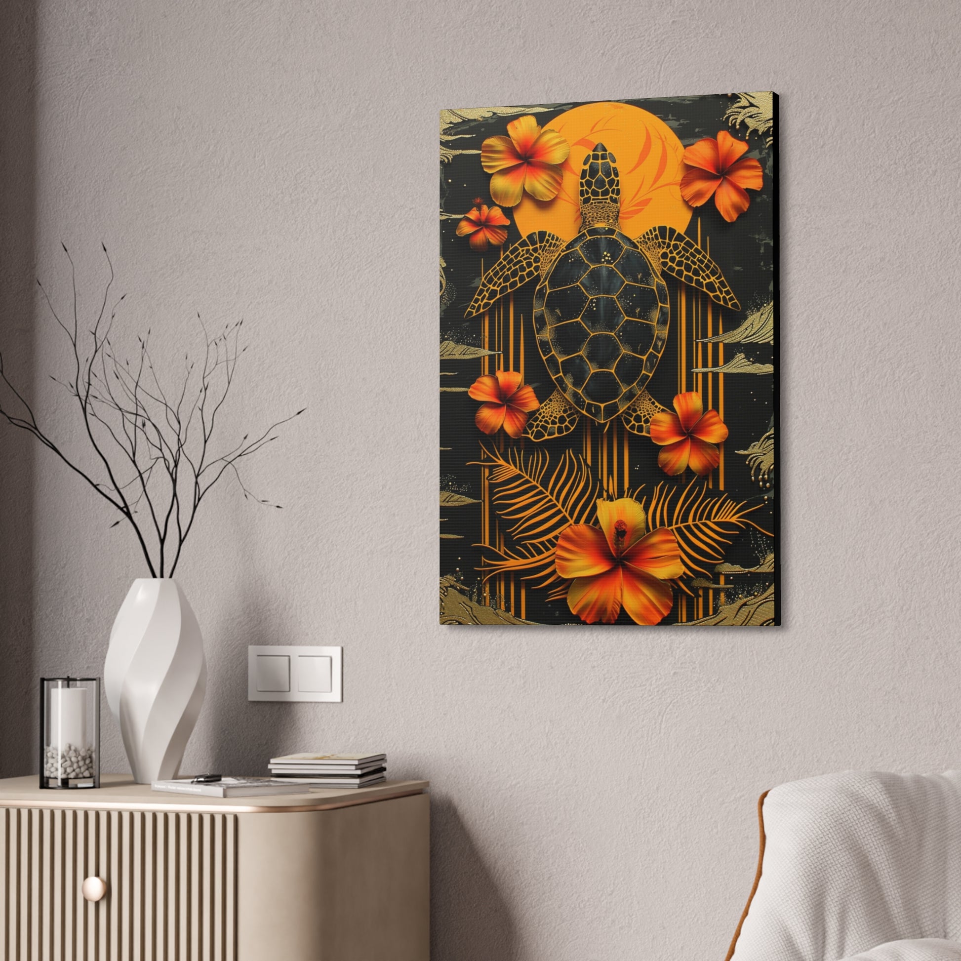 Polynesian-Inspired Turtle with Floral Designs – 24" x 36" Stretched Canvas hanging on a wall side angle view
