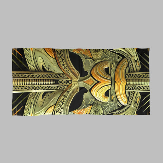 Polynesian-Inspired Bohemian Style Detailed Tiki Design Beach Towel top view