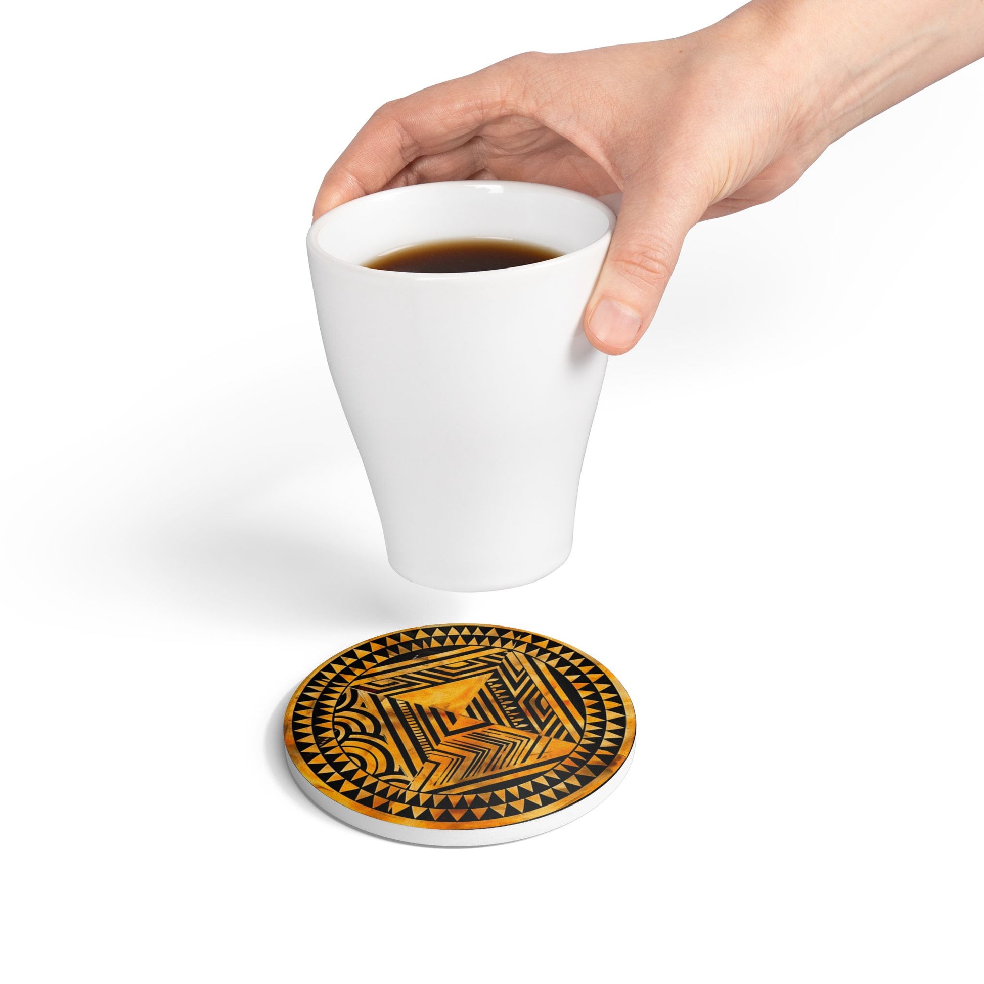 Polynesian-Inspired Ceramic Coaster Set top side angle view