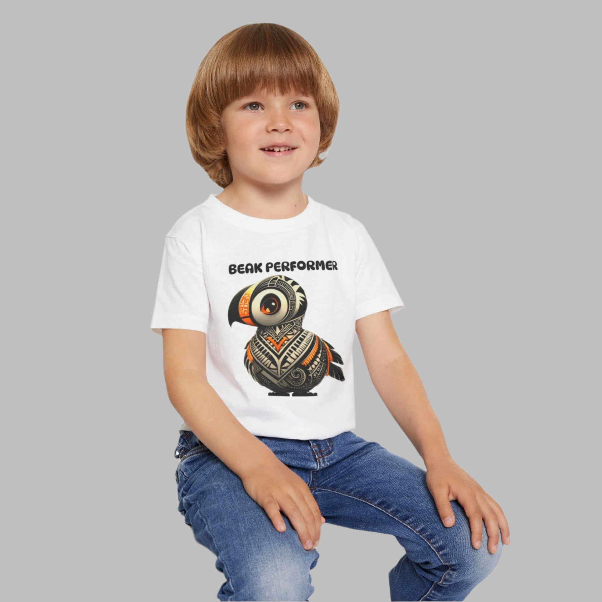 "Beak Performer" Toddler T-Shirt – Cute Polynesian Cartoon Bird Tee for Kids front view