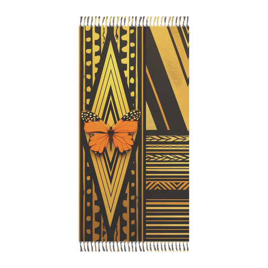 Polynesian-Inspired design Boho Beach Towel with butterfly illustration graphic top view