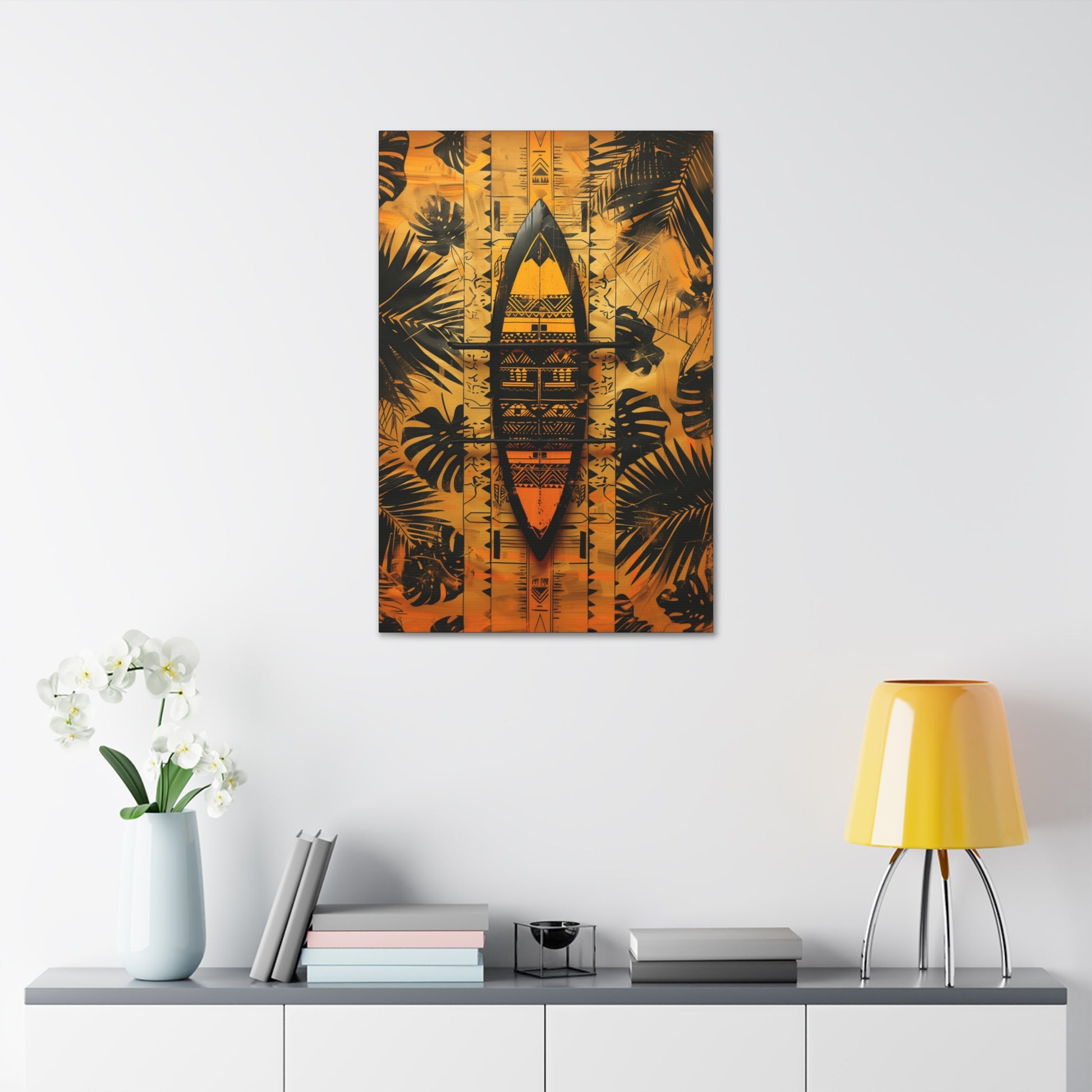Polynesian Canoe Art Piece – 24" x 36" Stretched Canvas hanging on wall front view