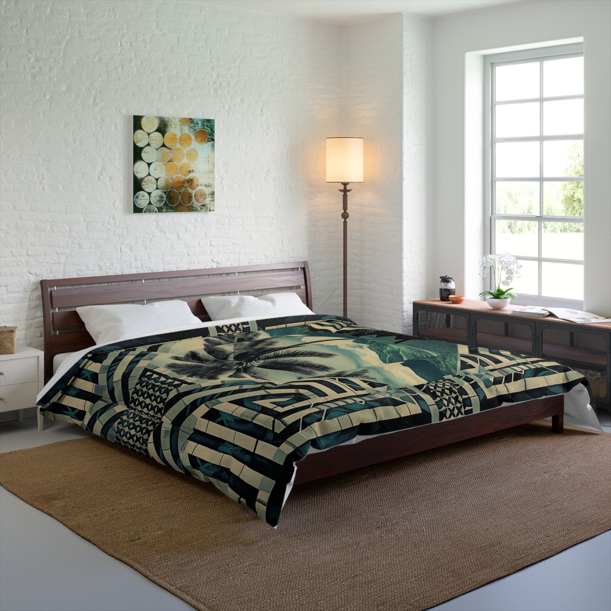 Polynesian-Inspired Comforter Blanket with Palm Tree Design top side angle view on a bed