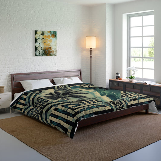 Polynesian-Inspired Comforter Blanket with Palm Tree Design top side angle view on a bed