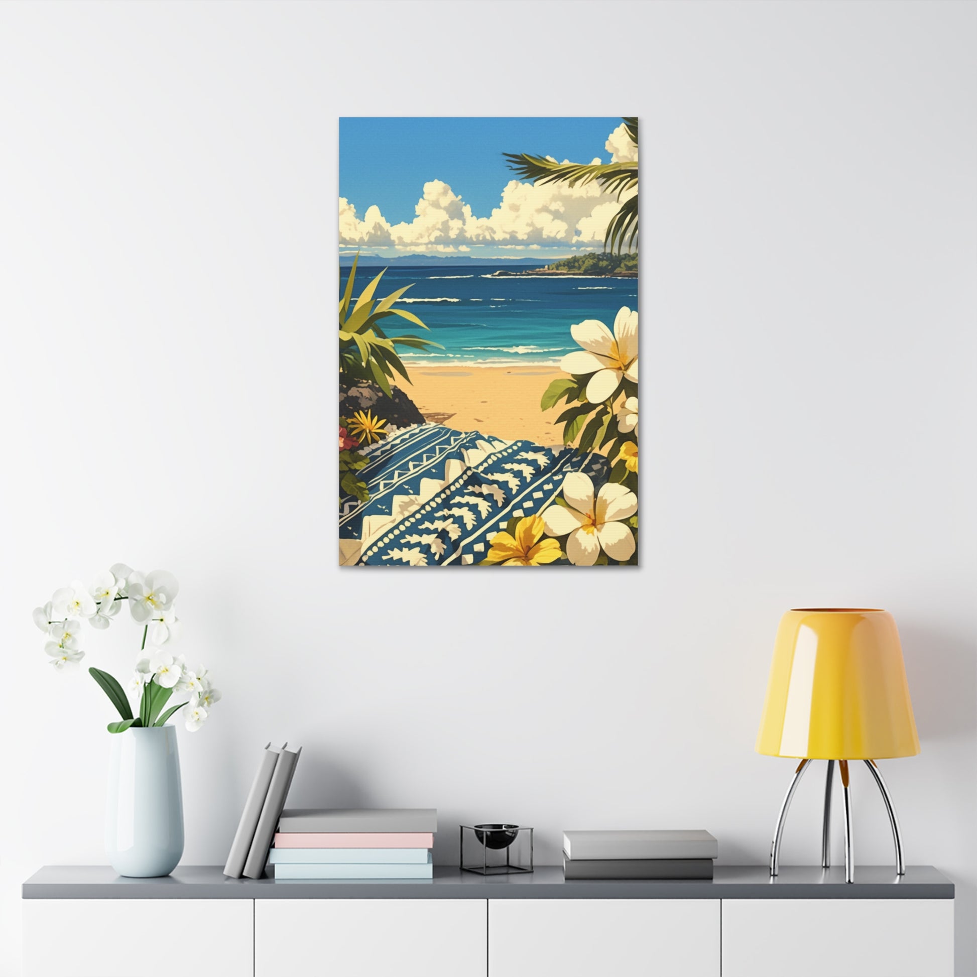 Serene Beach View Art Piece – 24" x 36" Stretched Canvas hanging on a wall side view