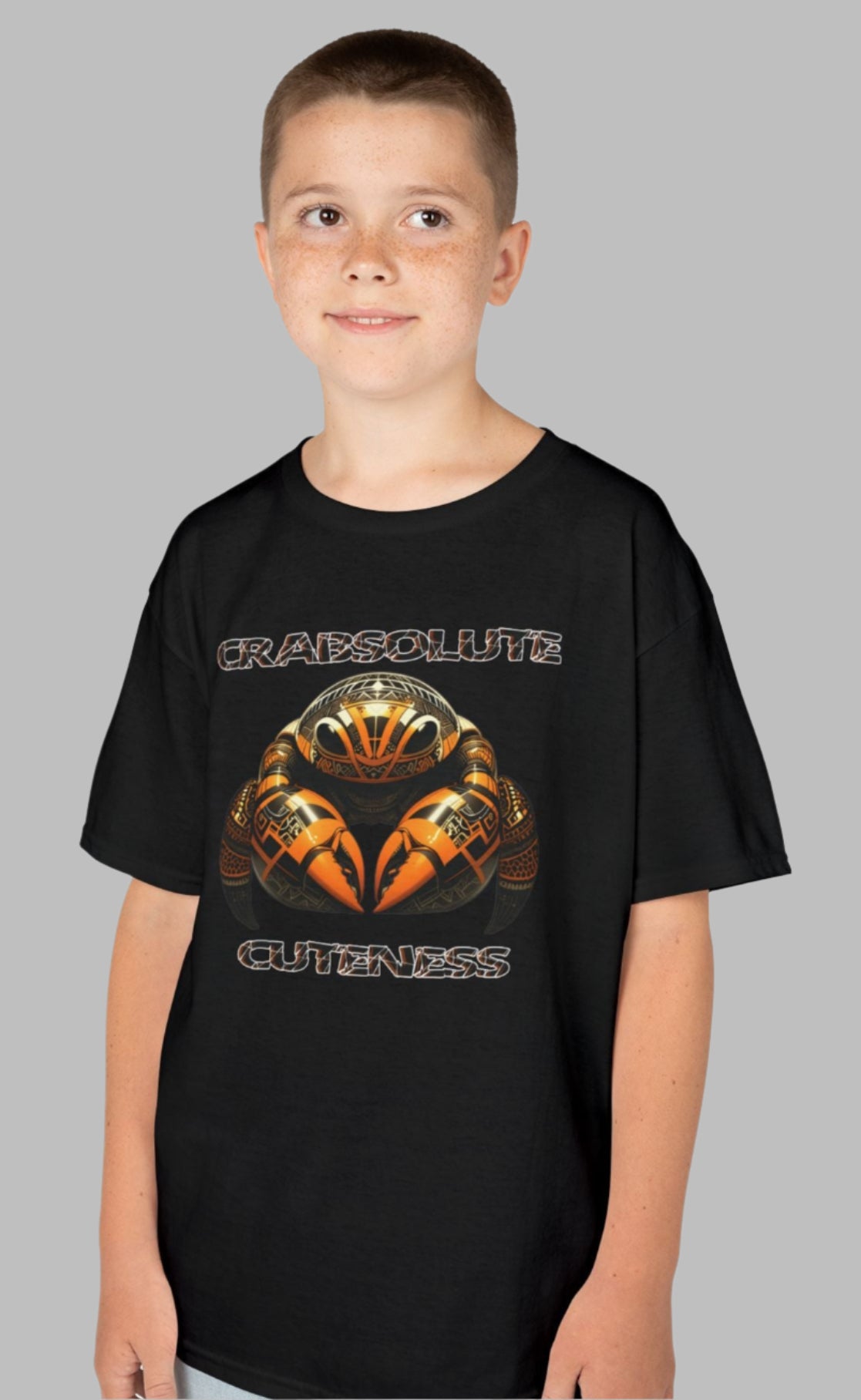 “Crab-solute Cuteness” – Polynesian-Inspired Cartoon Crab Youth T-Shirt front view