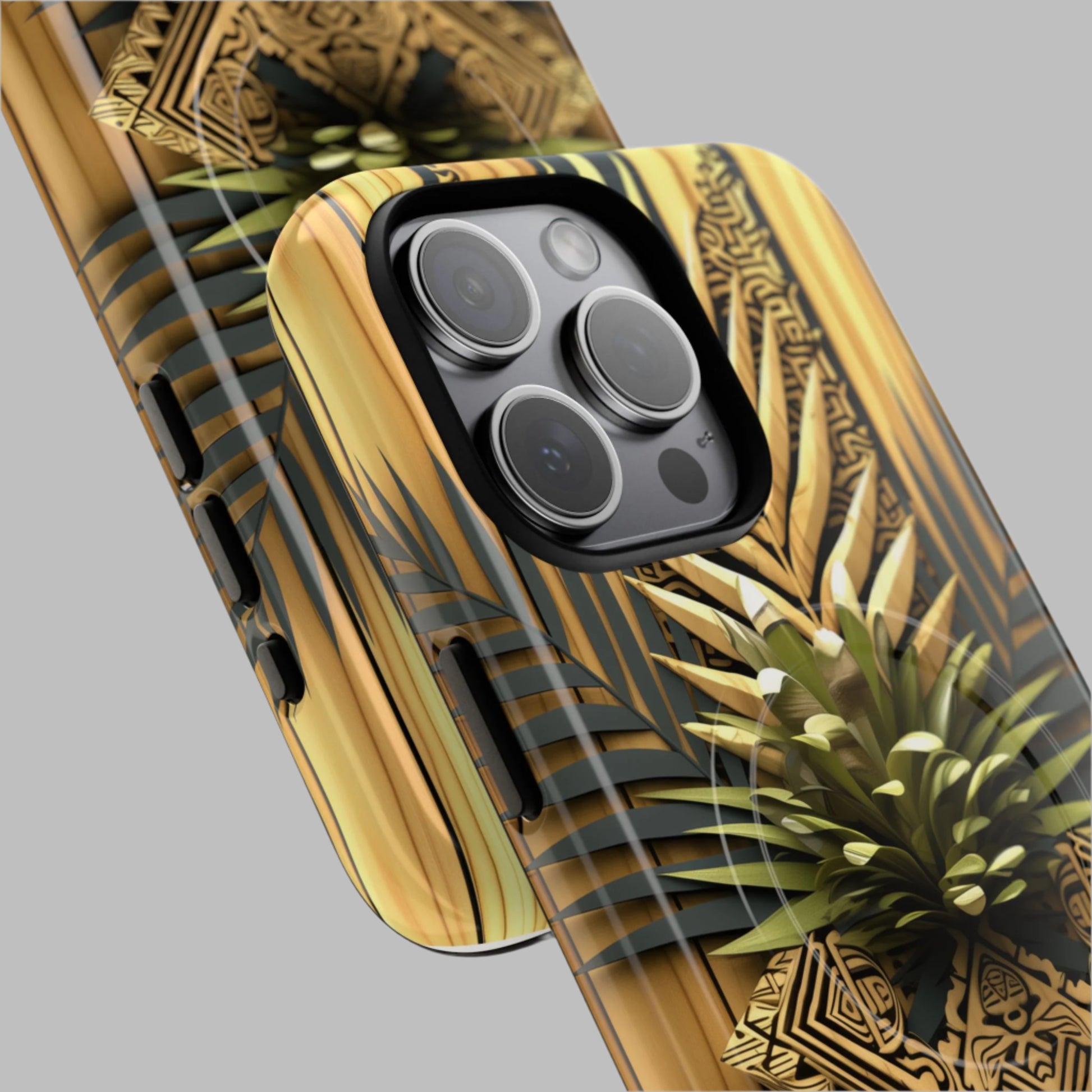 Polynesian-Inspired Phone Tough Magnetic Case – Wood-Textured Tribal Design close up view
